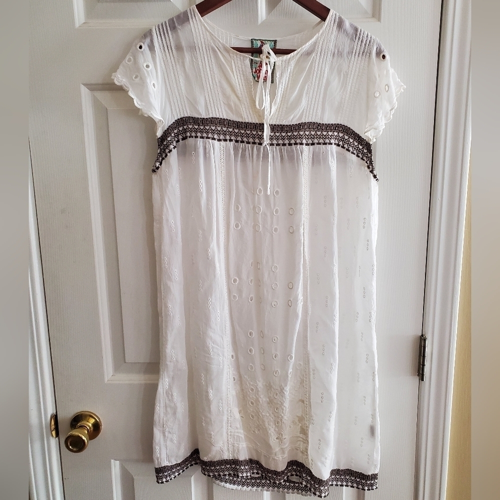 Johnny Was White DAISY EYELET DRESS Cap Sleeve Slip Keyhole Embroidery Size SMAL - Picture 2 of 9